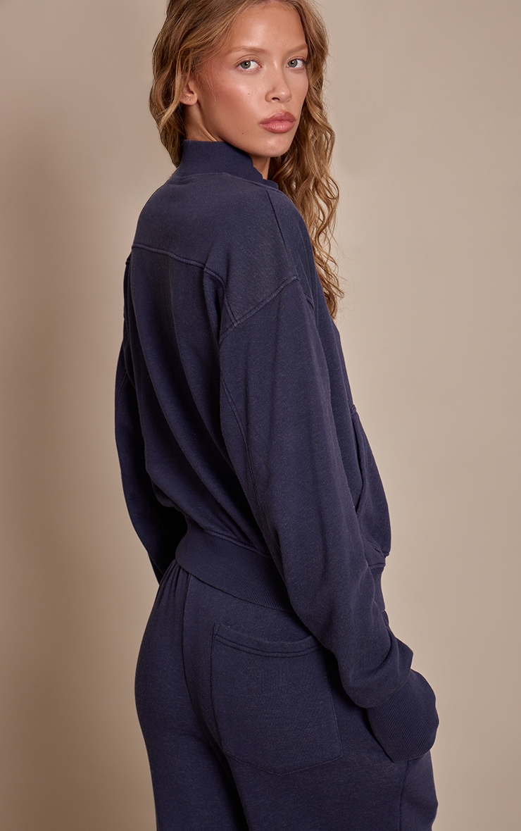 Navy Acid Wash Funnel Neck Zip Sweatshirt image 2