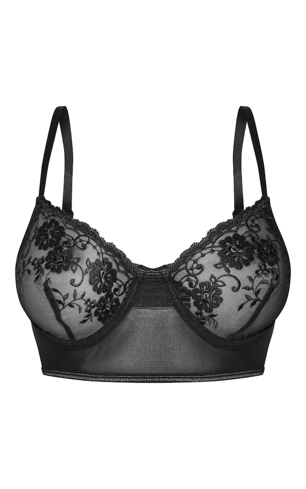 Black Embroidered Floral Lace Longline Bra PrettyLittleThing CA
