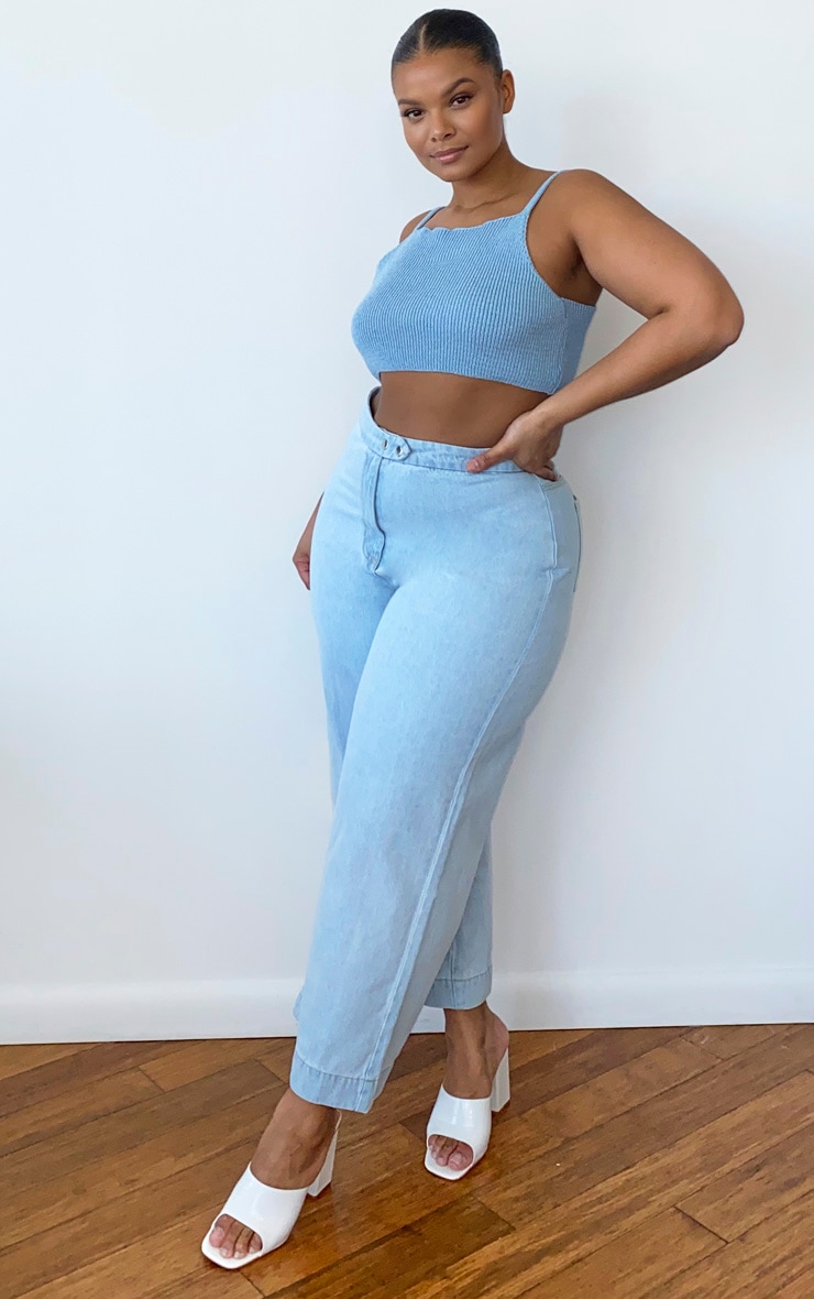 Plus Dusty Blue Knit Strappy High Neck Crop Top image 1