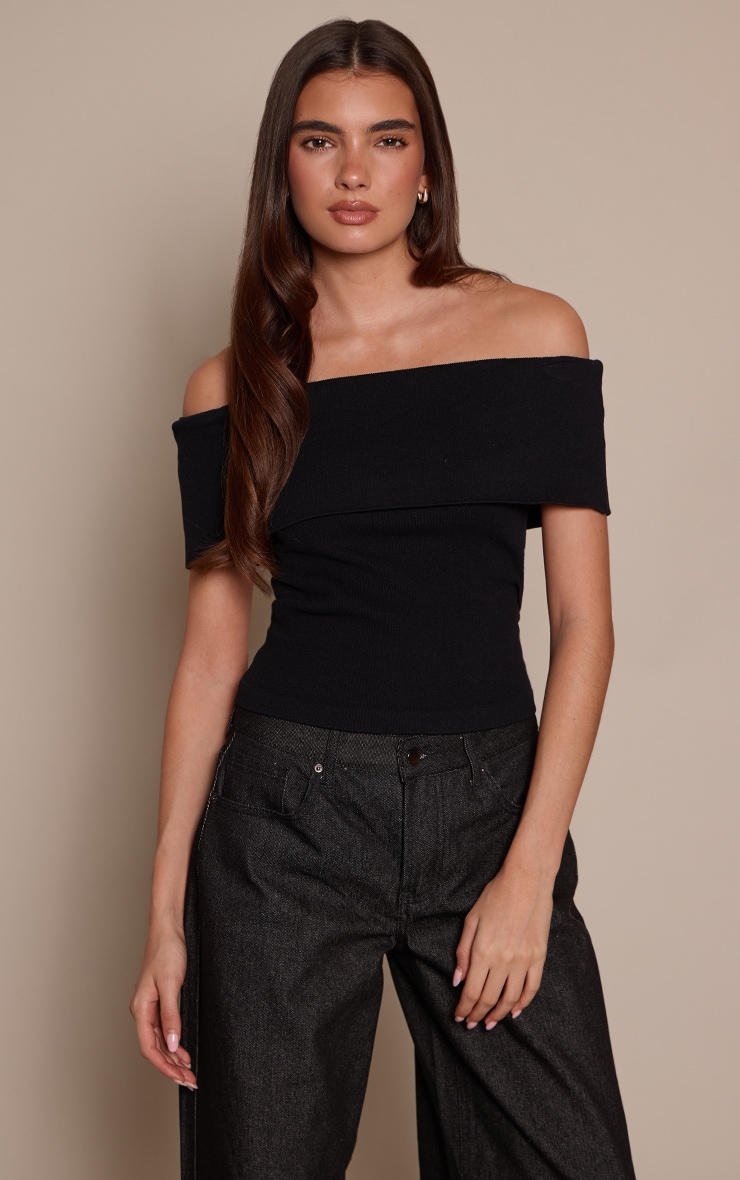 Black Contour Rib Fold Over Bardot Detail Long Top  image 1