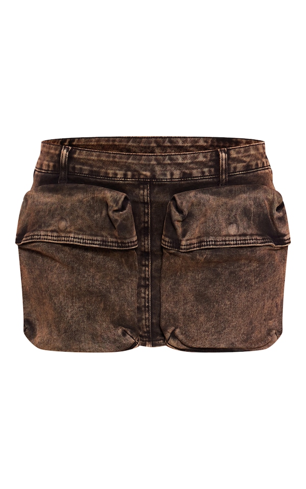 Brown Acid Wash Pocket Detail Low Rise Micro Mini Denim Skirt image 6