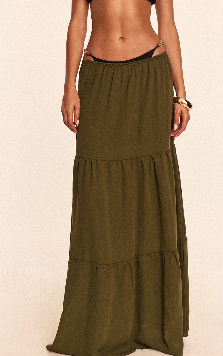 Khaki Linen Look Tiered Maxi Beach Skirt image 2