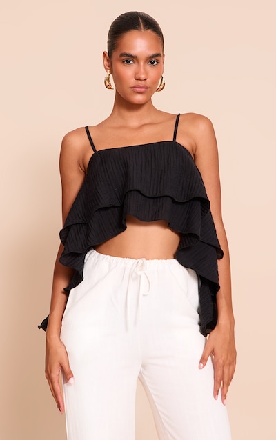 Black Textured Woven Floaty Cropped Front Top