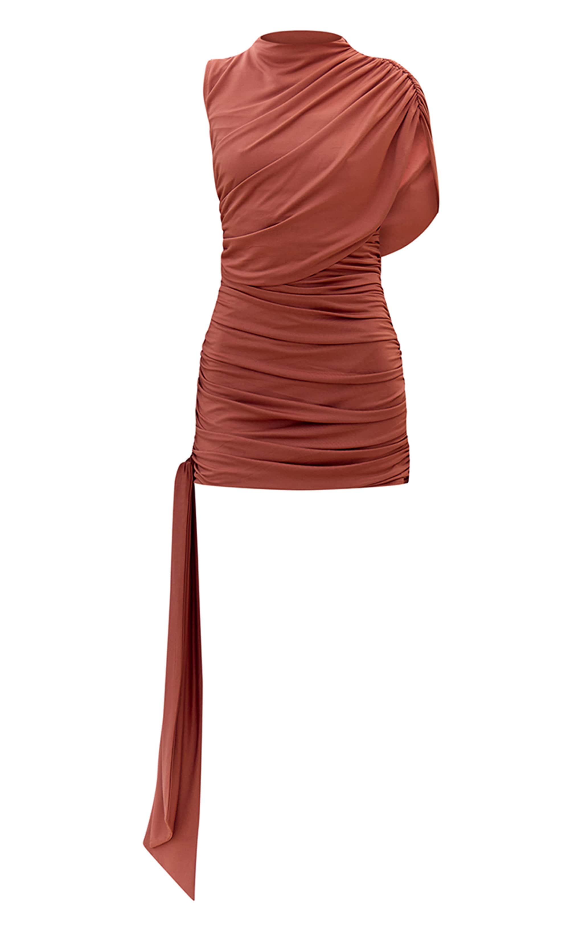 Burnt Orange Slinky Drape Detail Ruched Bodycon Dress image 5