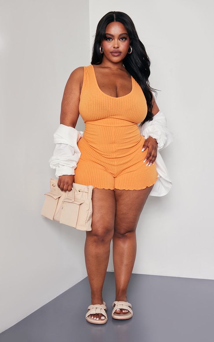 Plus Orange Rib V Neck Floaty Romper image 1