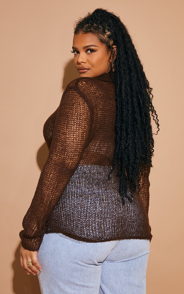 Plus Chocolate Fine Knit Button Plunge Shirt image 2