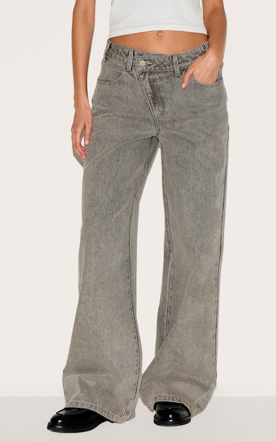 Grey Asymmetrical Waistband Wide Leg Jeans