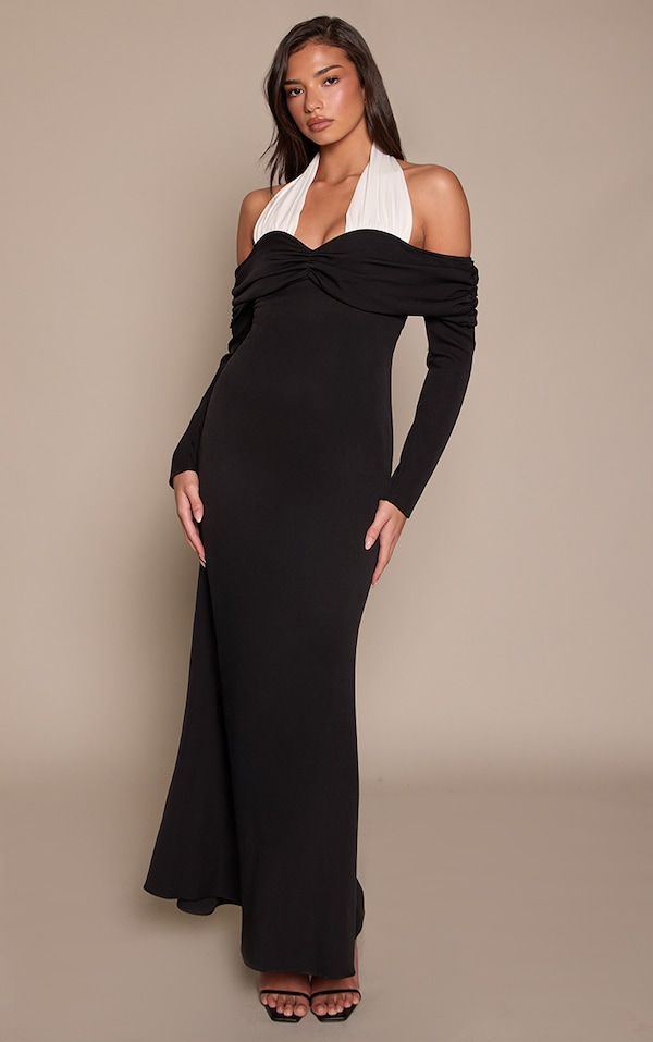Black Monochrome Contrast Satin Maxi Dress