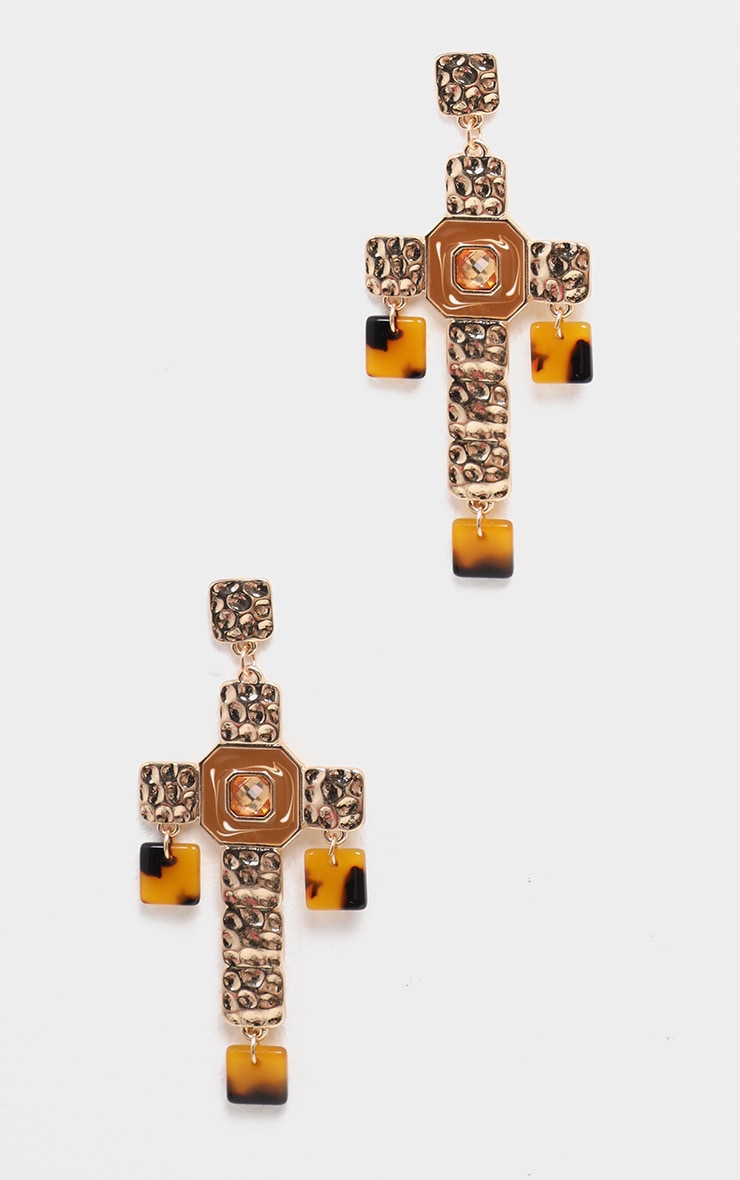 Gold Cross Square Tortoiseshell Drop Earrings