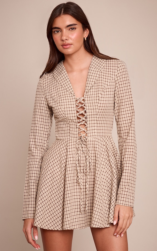 Cream Check Lace Up Long Sleeve Shift Dress