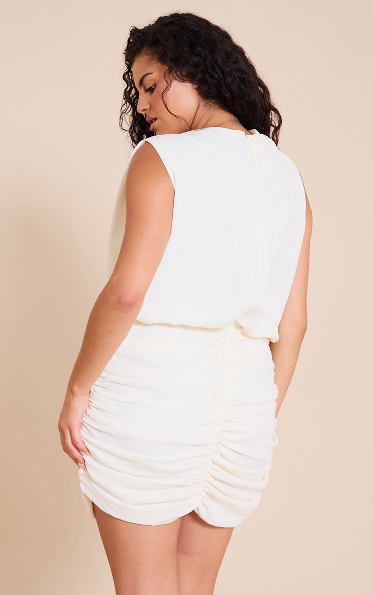 Plus White Soft Touch Ruched High Neck Mini Dress image 2