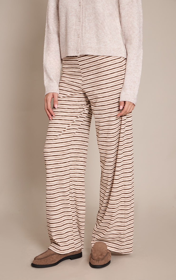 Light Brown Soft Rib Striped  Low Rise Straight Leg Pants image 2