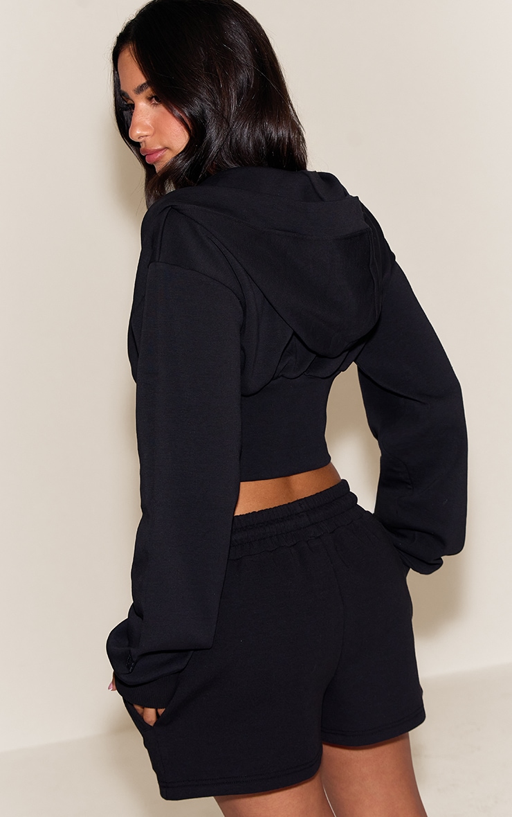 Petite Black Embroidered Interlock Cinch Waist Zip Hoodie image 2