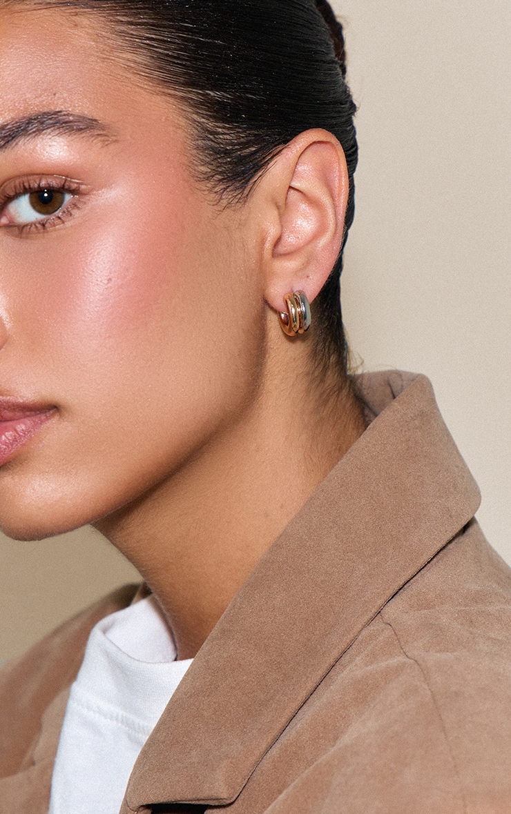Two Tone Gold and Silver Double Hoop Earrings image 1