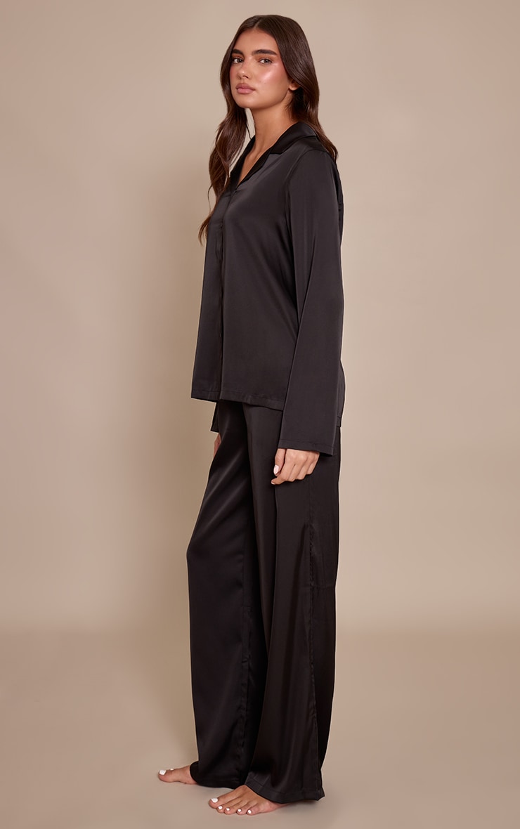 Black Satin Long Sleeve Button Down Shirt PJ Set image 3