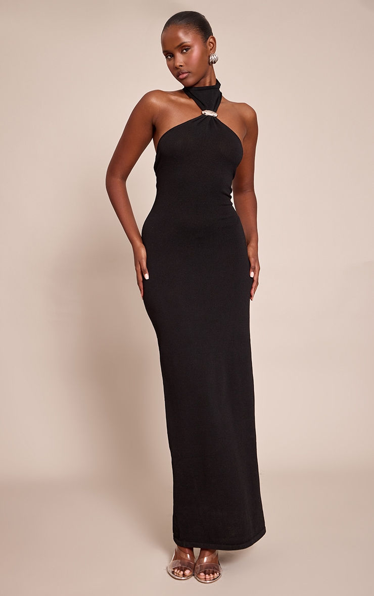 Black Trim Halter Neck Knitted Maxi Dress image 3