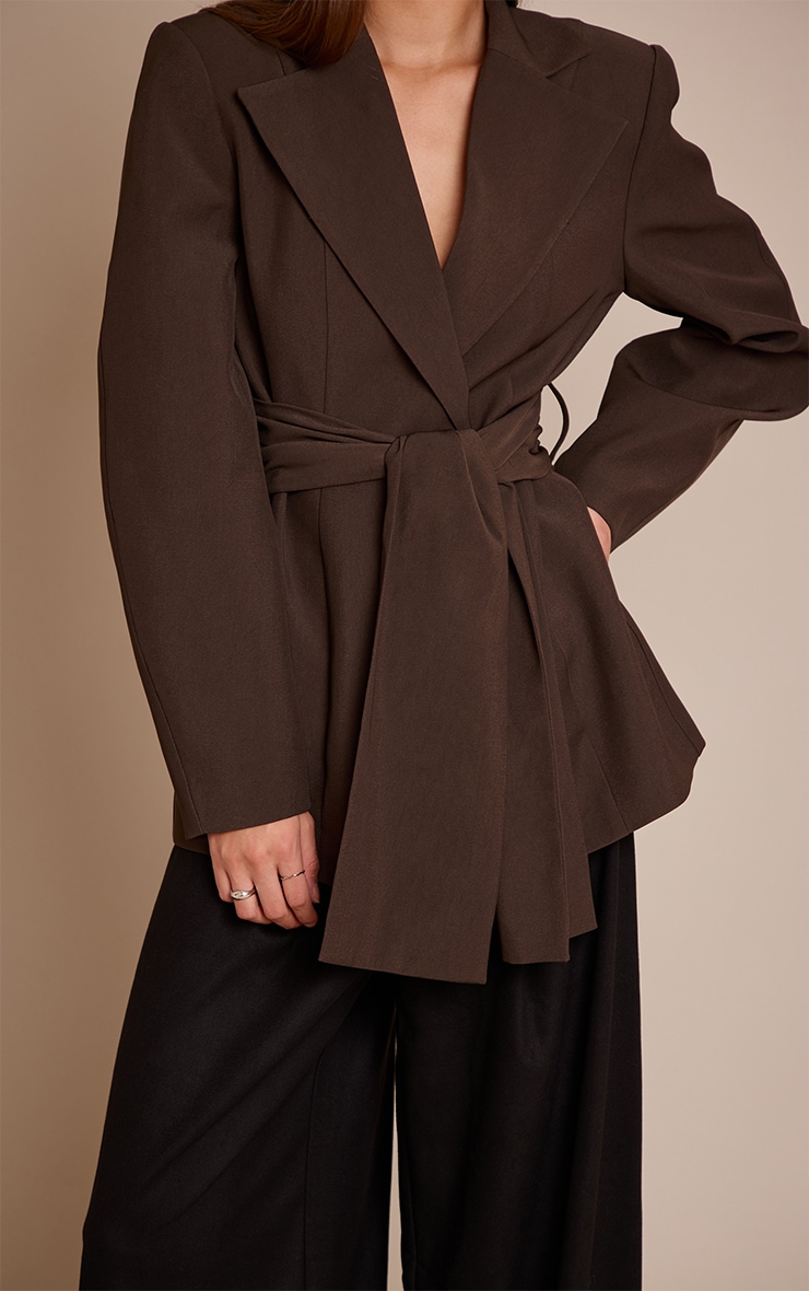 Chocolate Gathered Wrap Waist Belted Blazer image 4