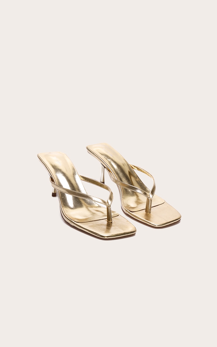 Gold Pu Square Toe Thong Mid Stiletto Heeled Mules image 2