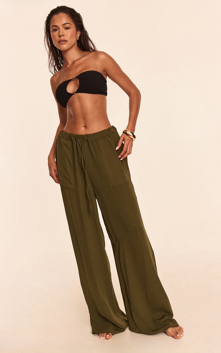 Khaki Linen Look Drawstring Beach Pants image 1