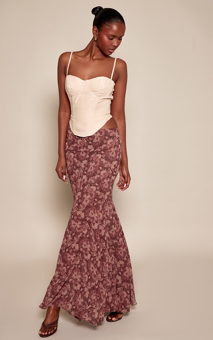 Brown Abstract Print Chiffon Fishtail Maxi Skirt