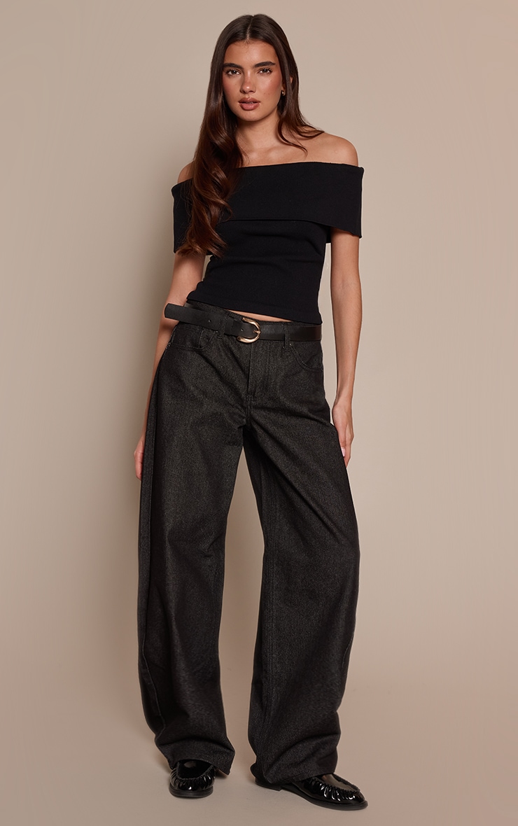 Black Contour Rib Fold Over Bardot Detail Long Top  image 3