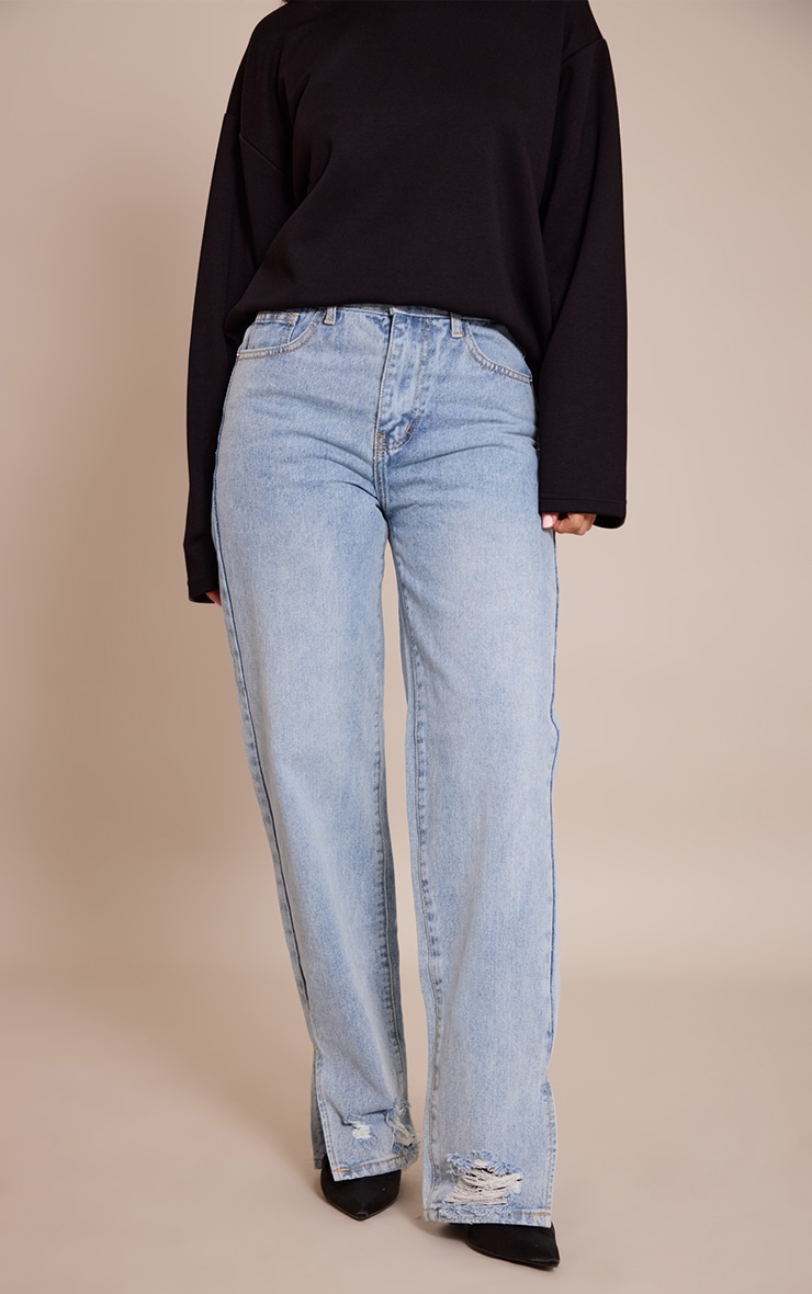 Petite Light Blue Wash Ripped Split Hem Straight Leg Jeans image 2