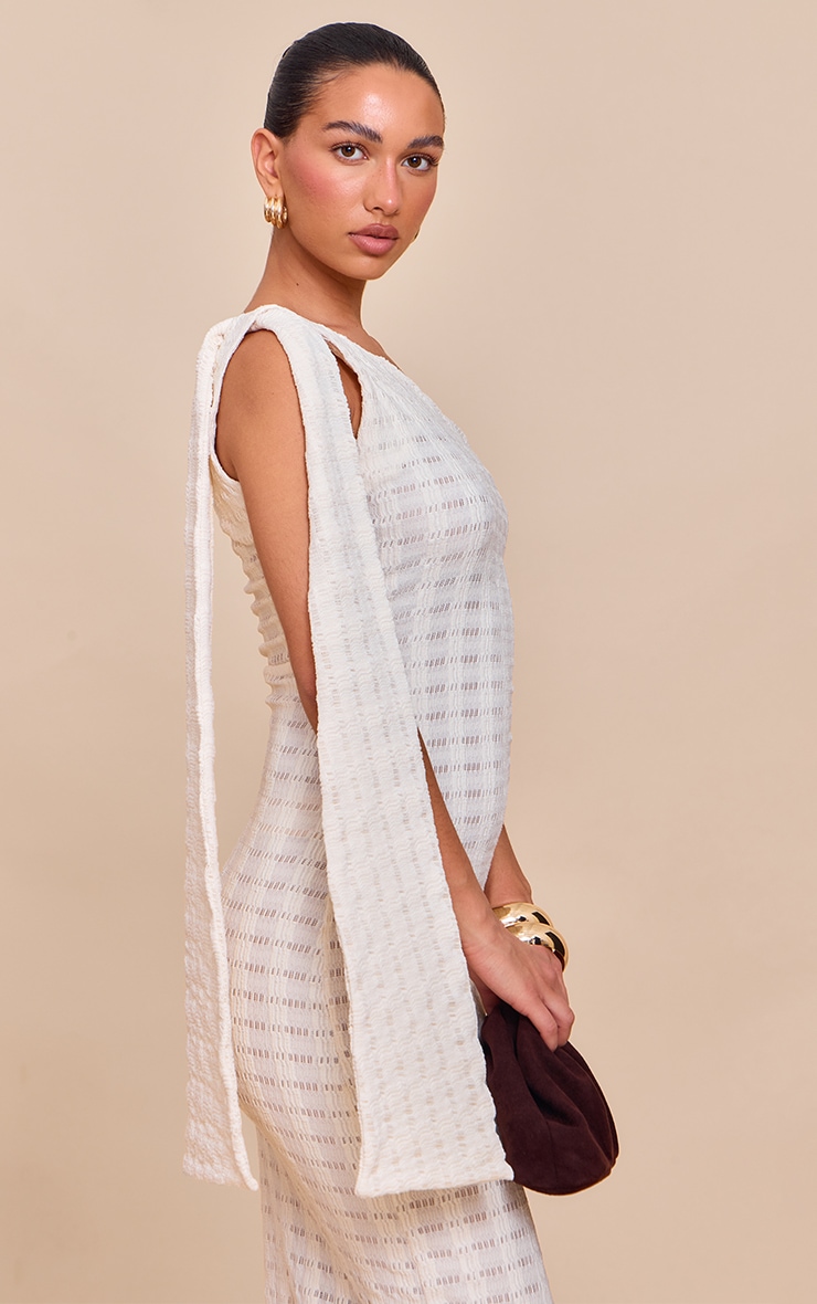 Cream Textured One Shoulder Drape Detail Maxi Dress image 4