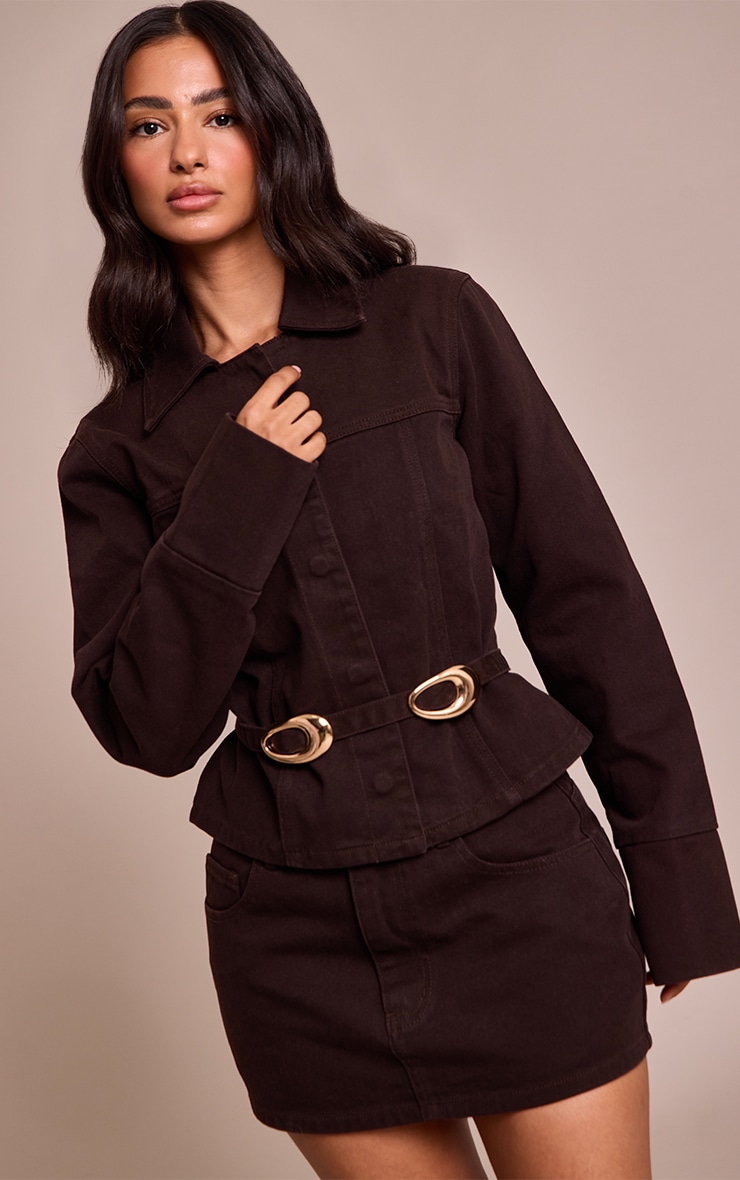 Petite Dark Chocolate Concealed Placket Crop Belted Denim Jacket image 1