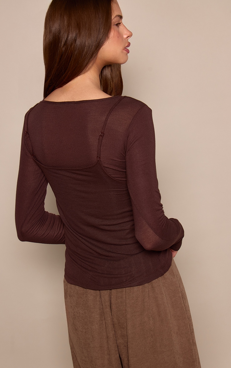 Chocolate Sheer Soft Touch Overlay Long Sleeve Top image 2