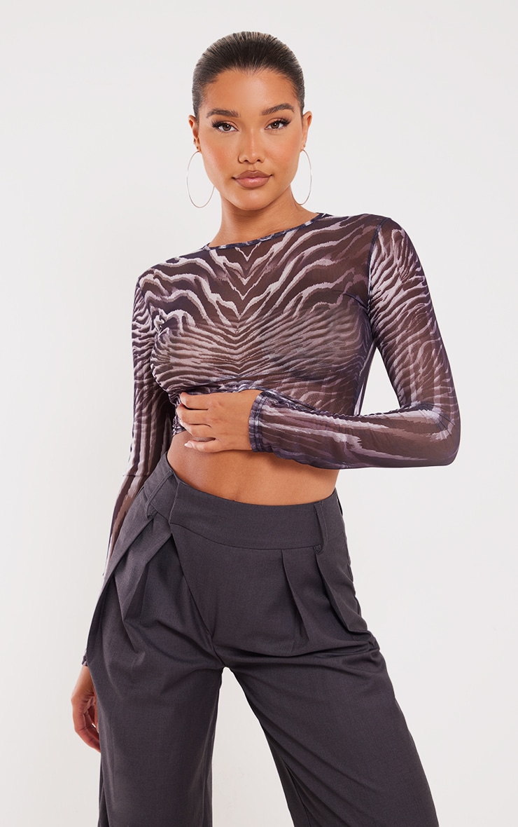 Black Printed Crew Neck Mesh Top image 1