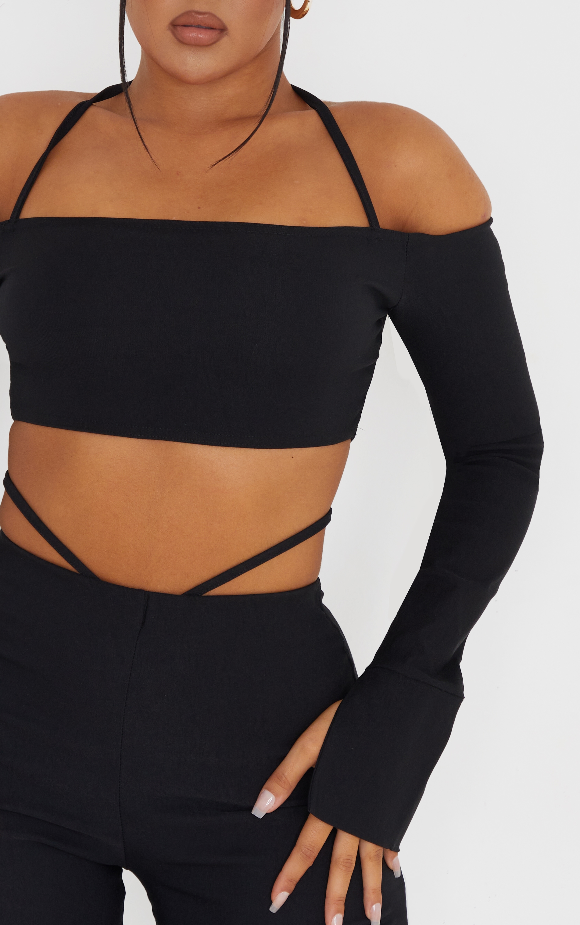 Black Stretch Woven Halterneck Bardot Crop Top image 4