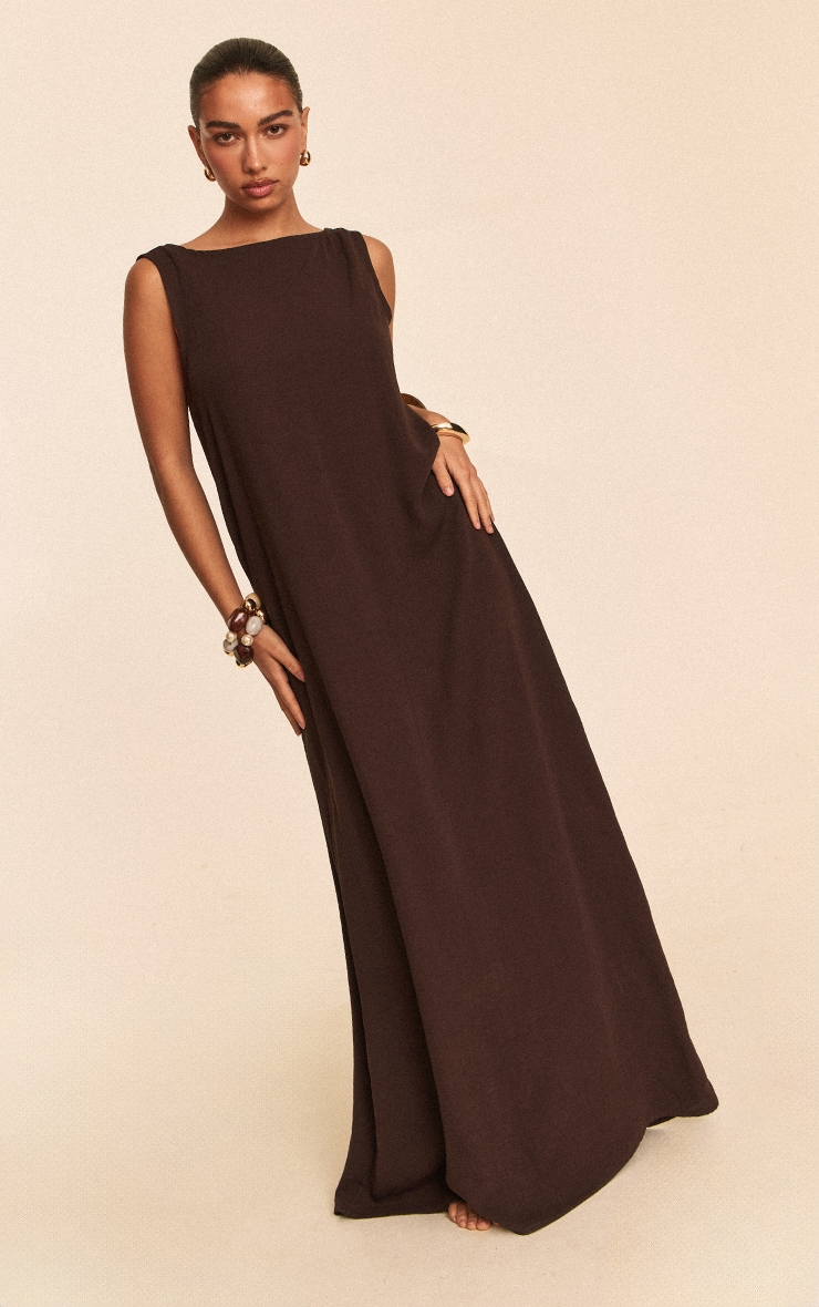 Chocolate Floaty Woven Boat Neck Maxi Beach Dress image 1