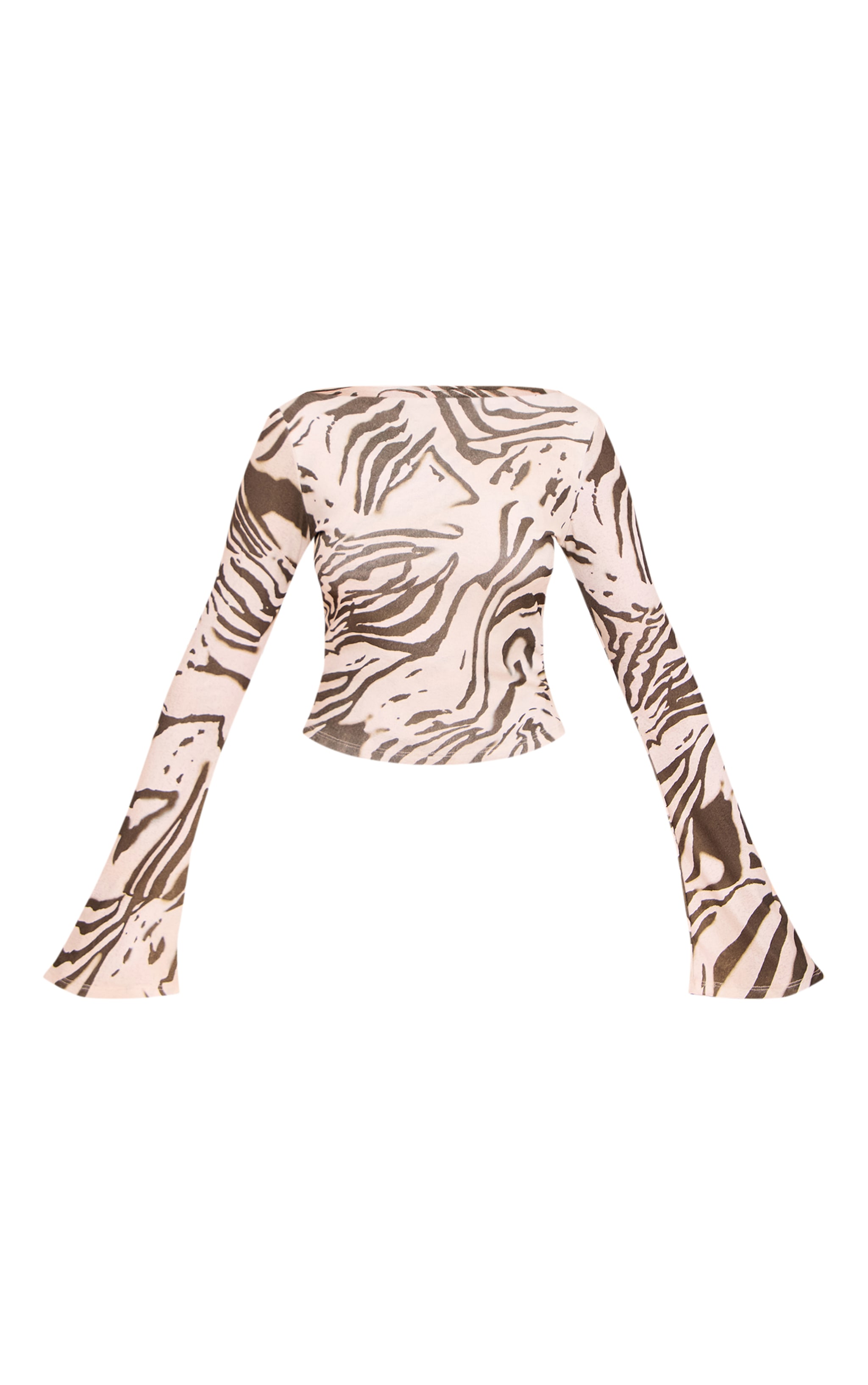 Cream Zebra Print Double Layer Burn Out Mesh Asymmetric Flared Sleeve Top image 5