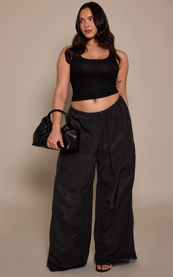 Plus Black Textured Satin Lace Trim Trousers
