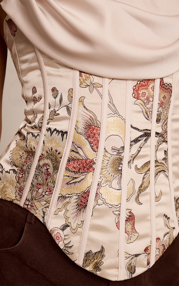 Multi Floral Jacquard Embroidered Satin Drape Corset image 4