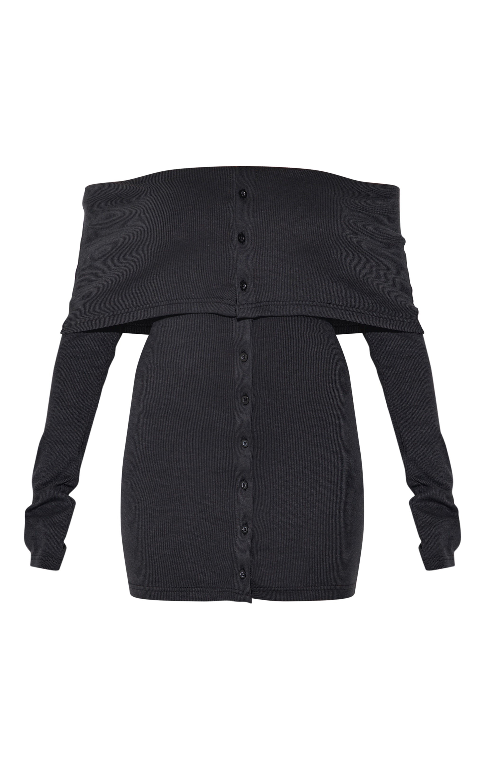 Mini robe côtelée noire à col bardot replié et boutons image 5