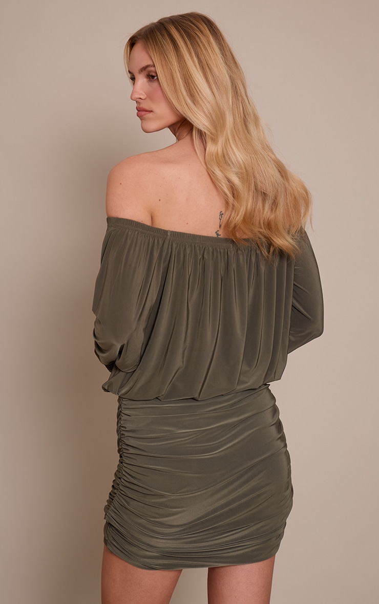Khaki Double Layer Slinky Bardot Drape Mini Dress image 2