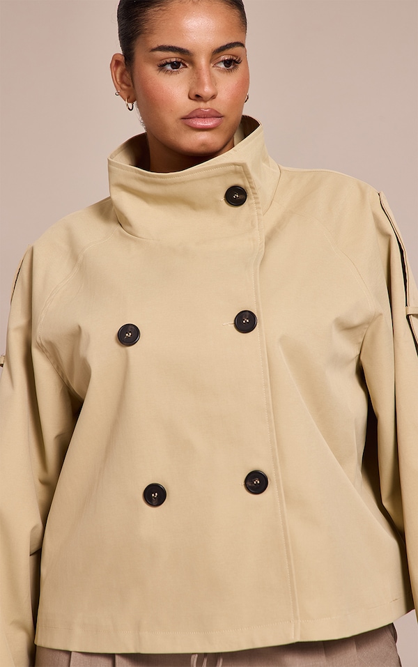 Plus Beige Double Breasted Funnel Neck Cropped Trench Coat