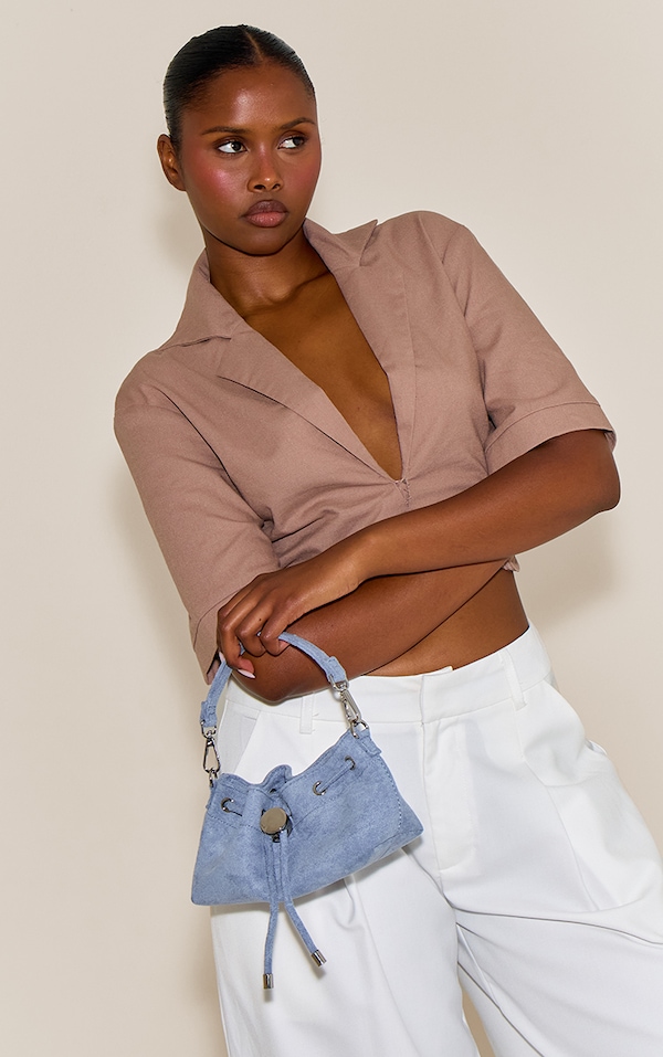 Powder Blue Faux Suede Drawstring Mini Bag