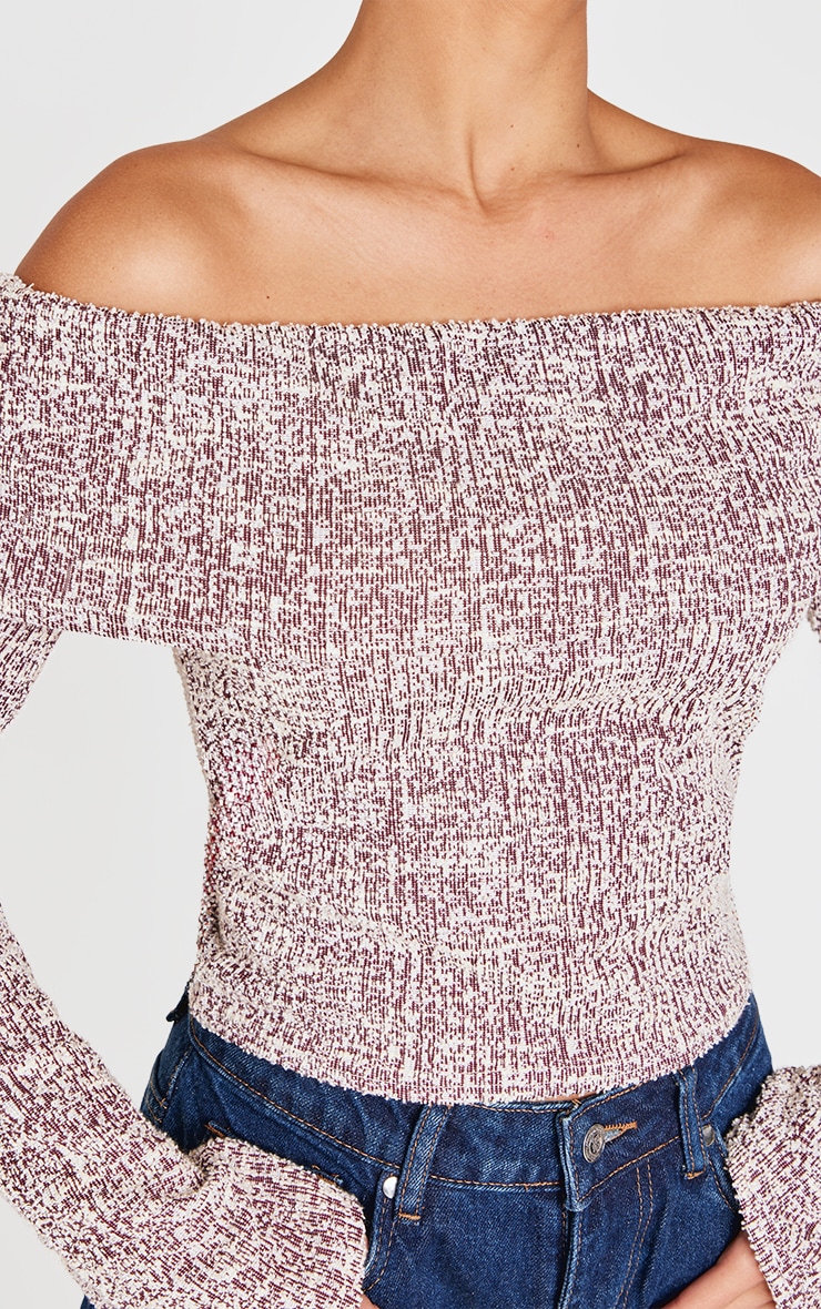 Burgundy Boucle Fold Over Bardot Long Sleeve Top image 4