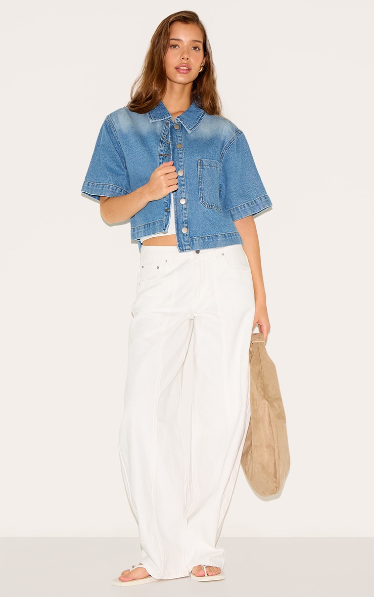 Mid Blue Wash Short Sleeve Pocket Detail Denim Shirt image 3