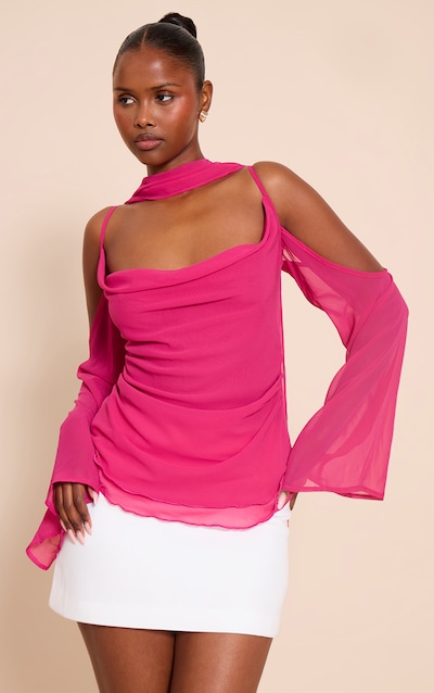 Top long en mousseline de soie fuchsia drapé à foulard