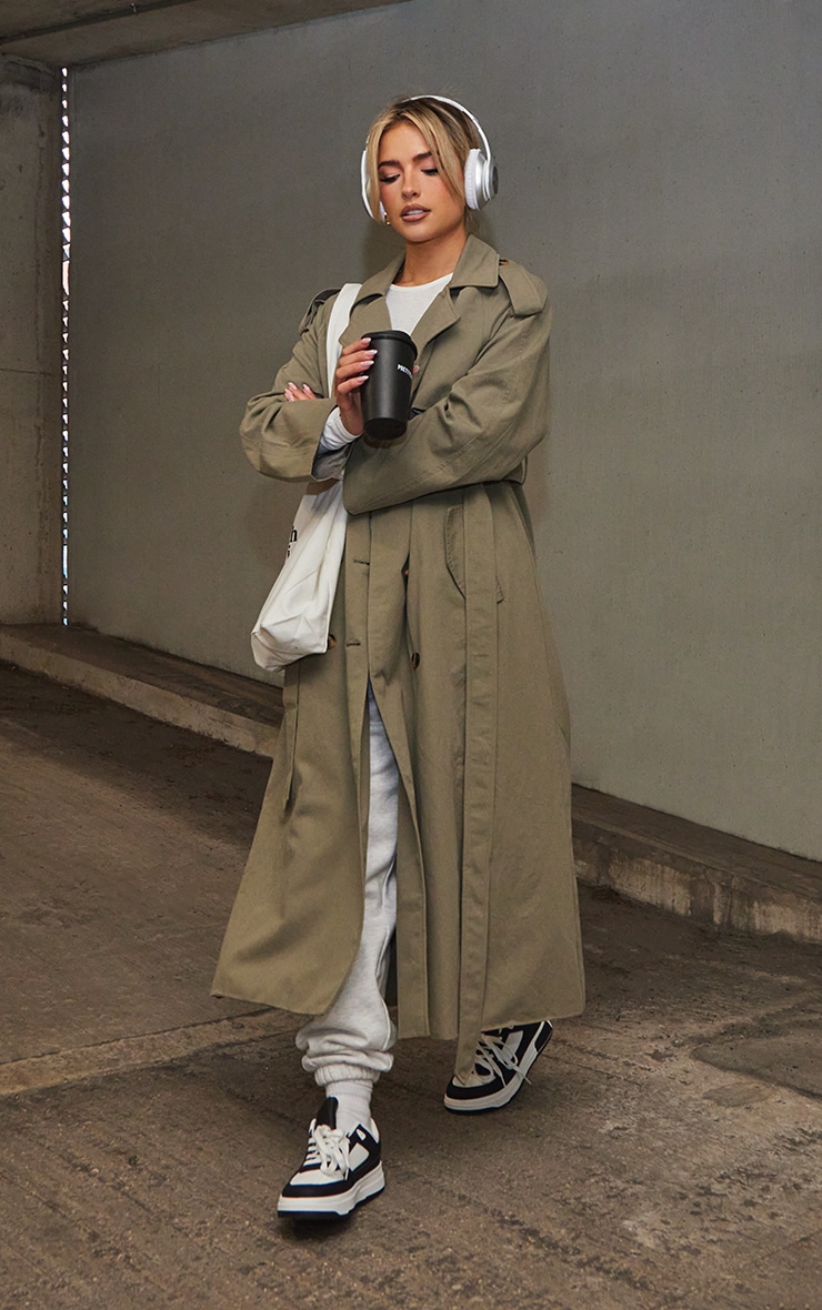  Khaki Belted Double Breasted Trench Coat image 1