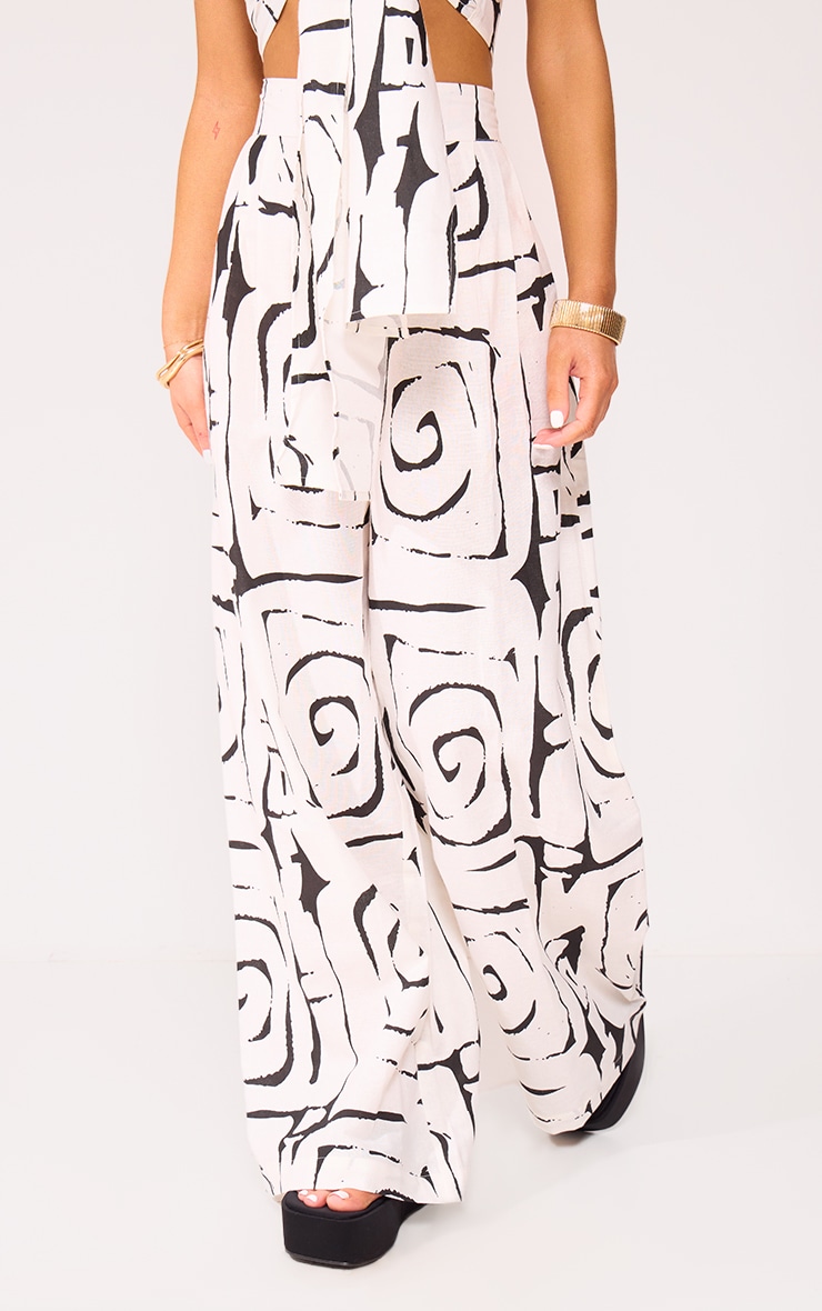 Monochrome Swirl Print Wide Leg Linen Look Pants image 1