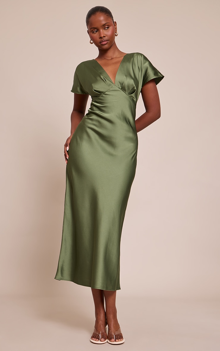 Forest Green Satin Short Sleeve Midaxi Dress image 1