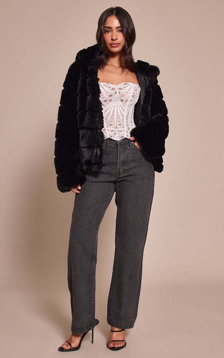 Petite Black Faux Fur Hooded Oversized Coat image 3