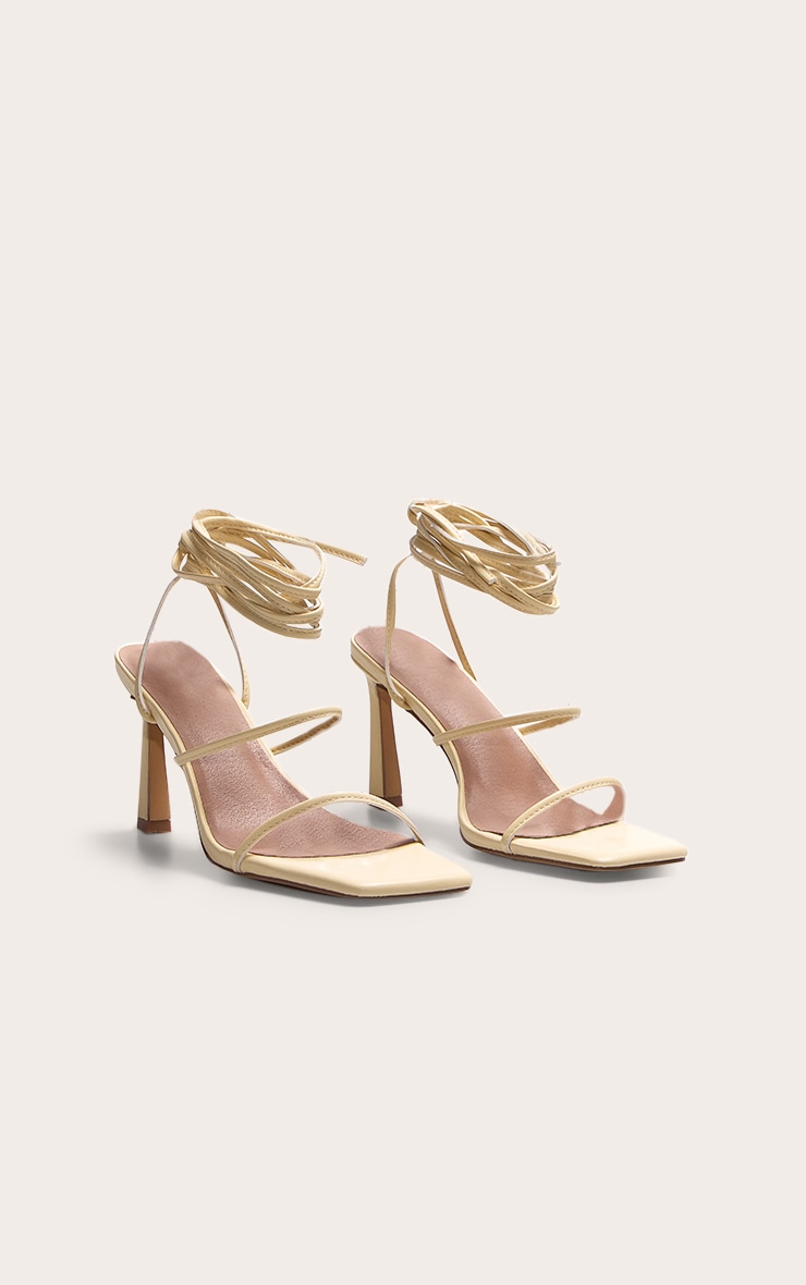 Lemon Pu Square Toe Strappy Lace Up Mid Stiletto Heeled Sandals image 3