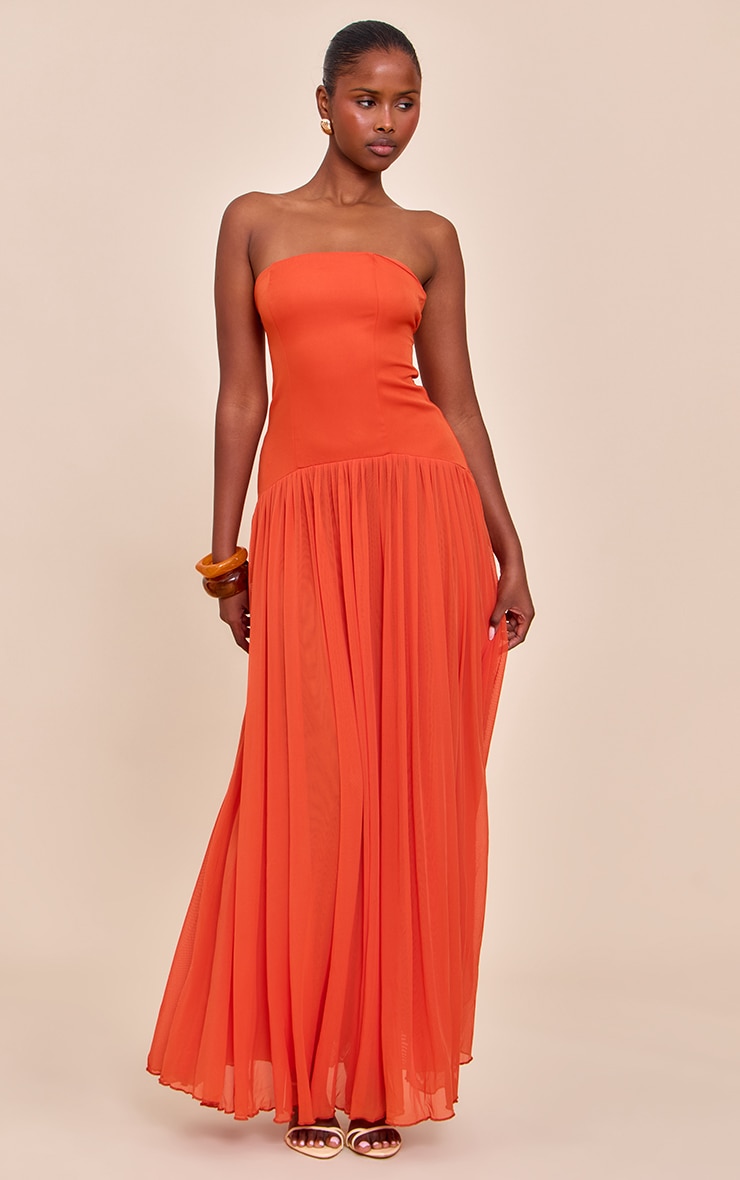 Orange Bandeau Chiffon Pleated Maxi Dress image 1