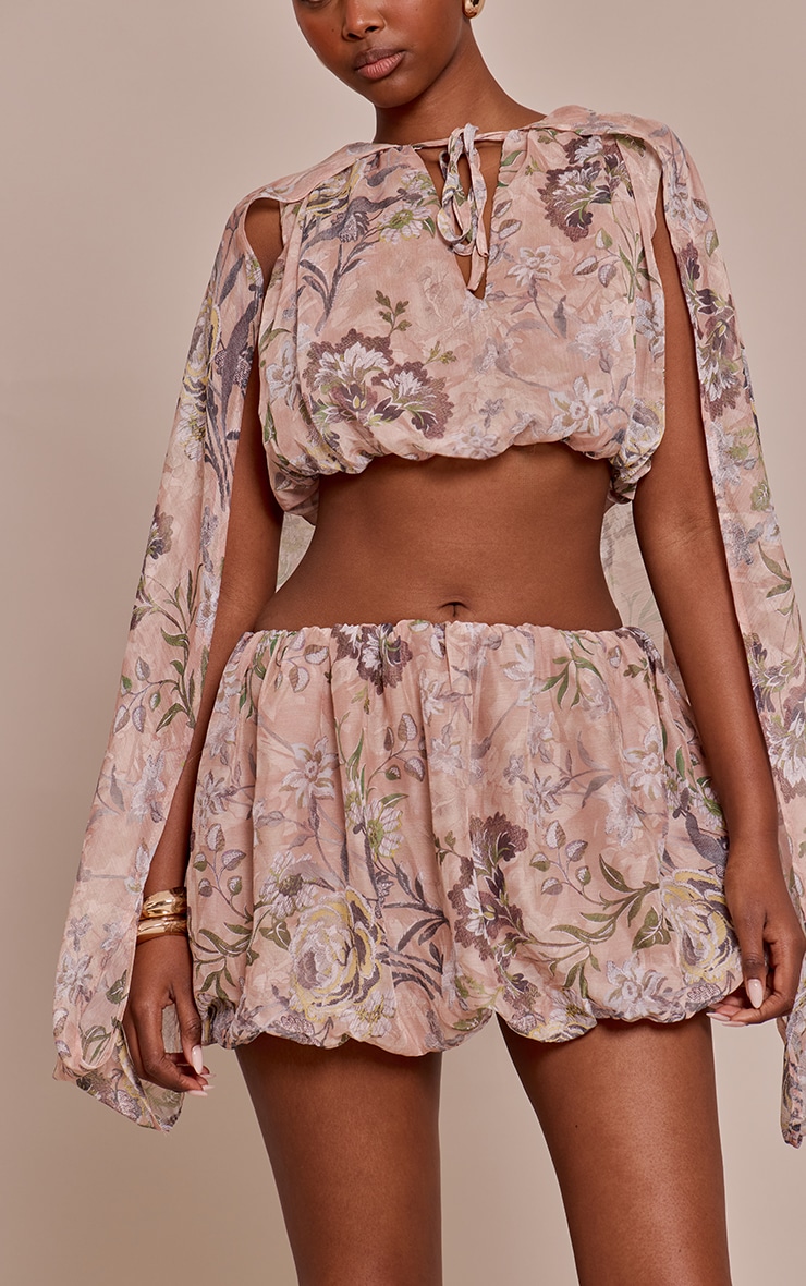 Pink Floral Chiffon Puff Ball Mini Skirt image 2