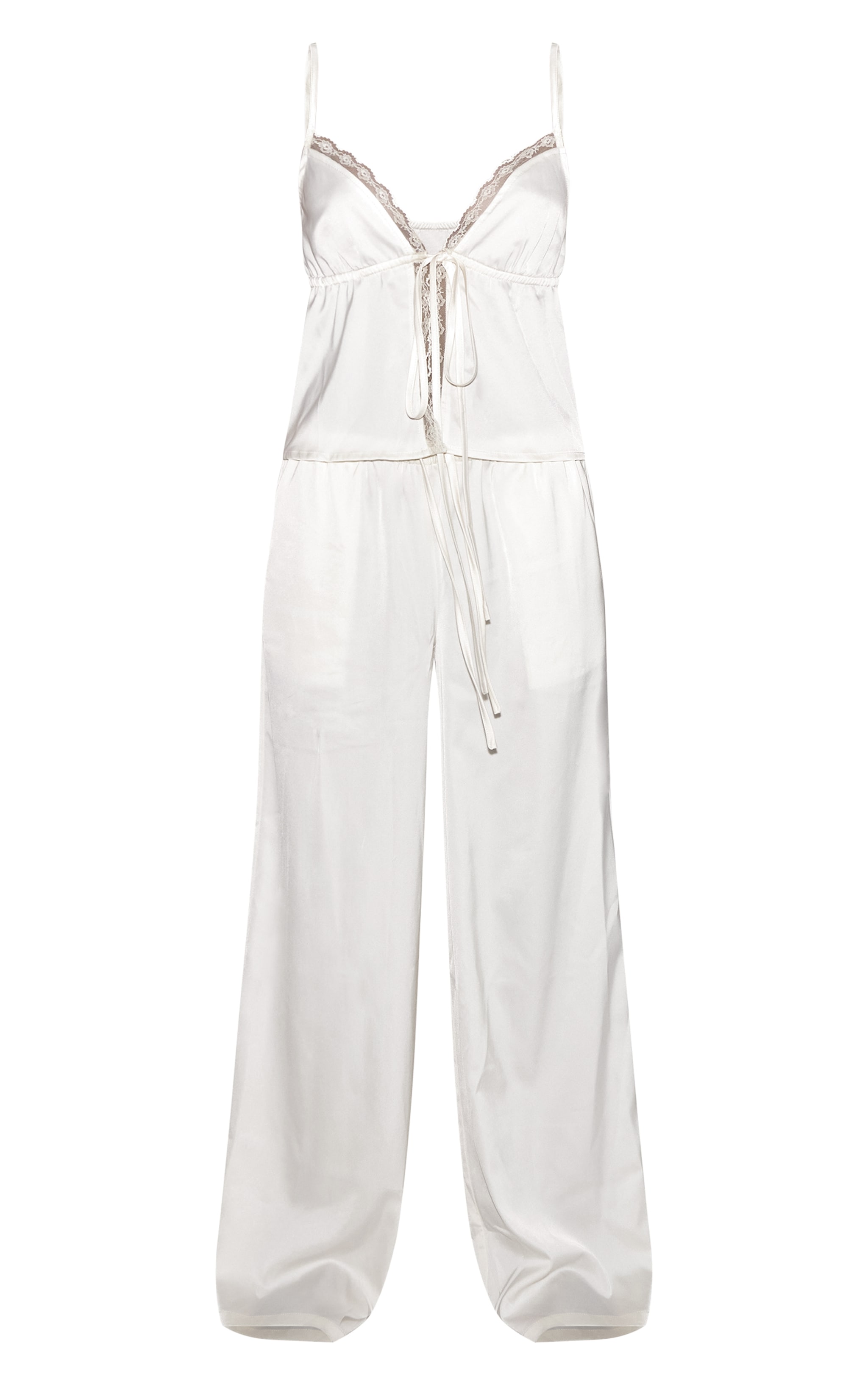 Cream Satin Lace Detail Tie Front Cami PJ Set image 5